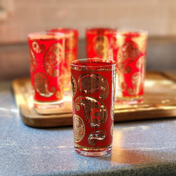 Set/5 mid-century modern Culver barware highball glasses in red & gold paisley - Picture 4 of 8